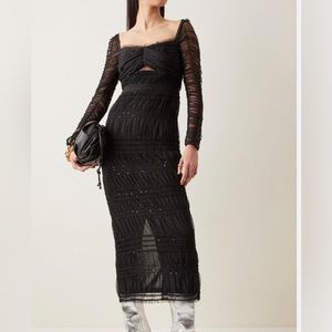 Shirred Dotted Mesh Midi Dress